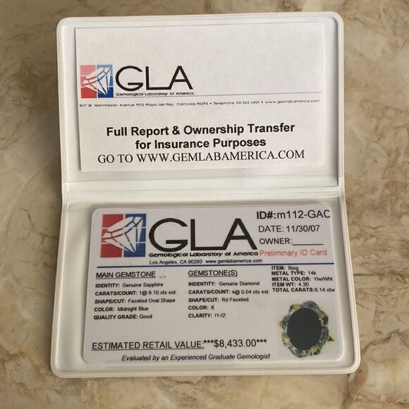 6.14 Carat Natural Blue Sapphire & Diamond 14K Gold Halo Ring GLA Certified - Picture 10 of 11